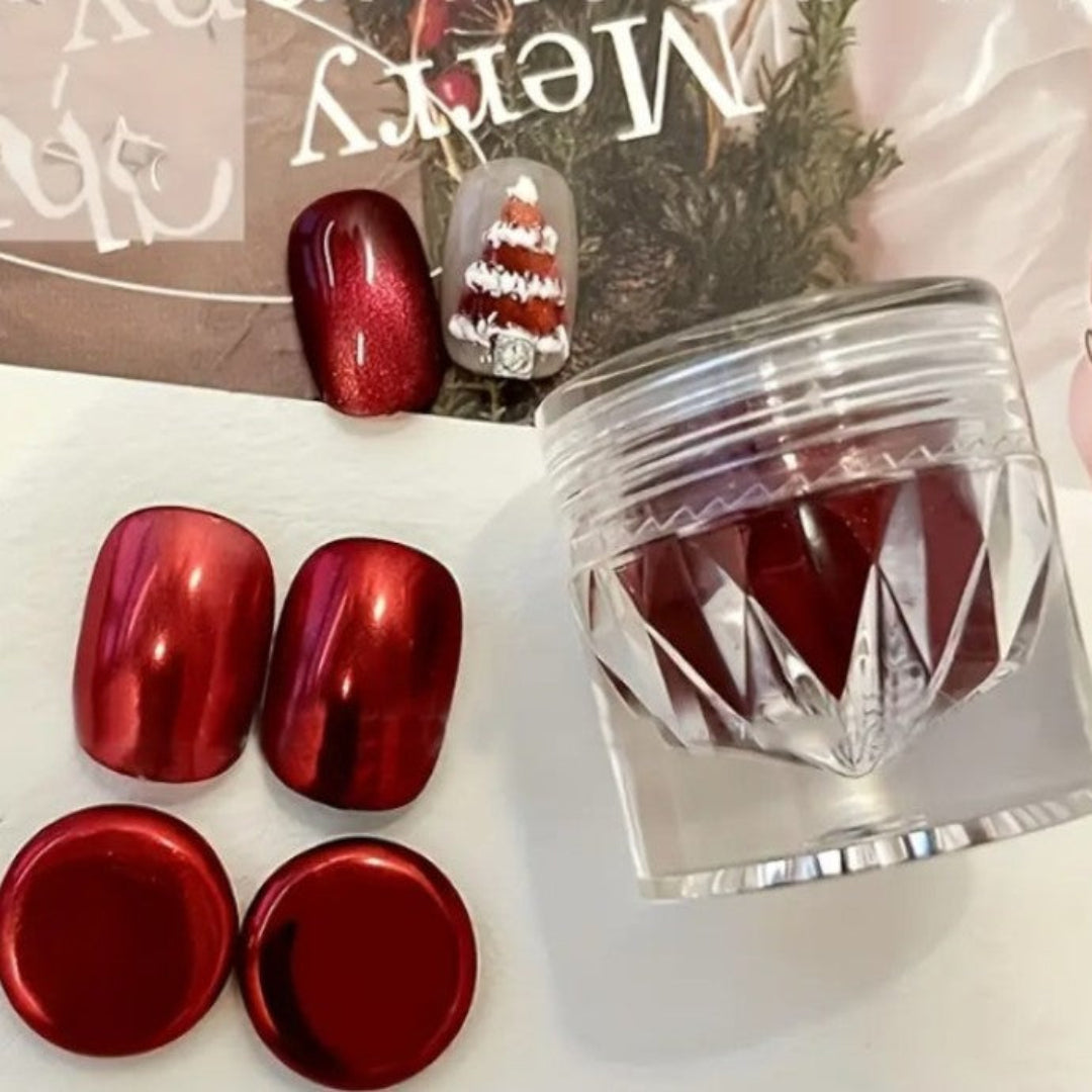 chrome nail powder, chrome nails, chrome red nails​, dark red chrome nails​, red chrome christmas nails