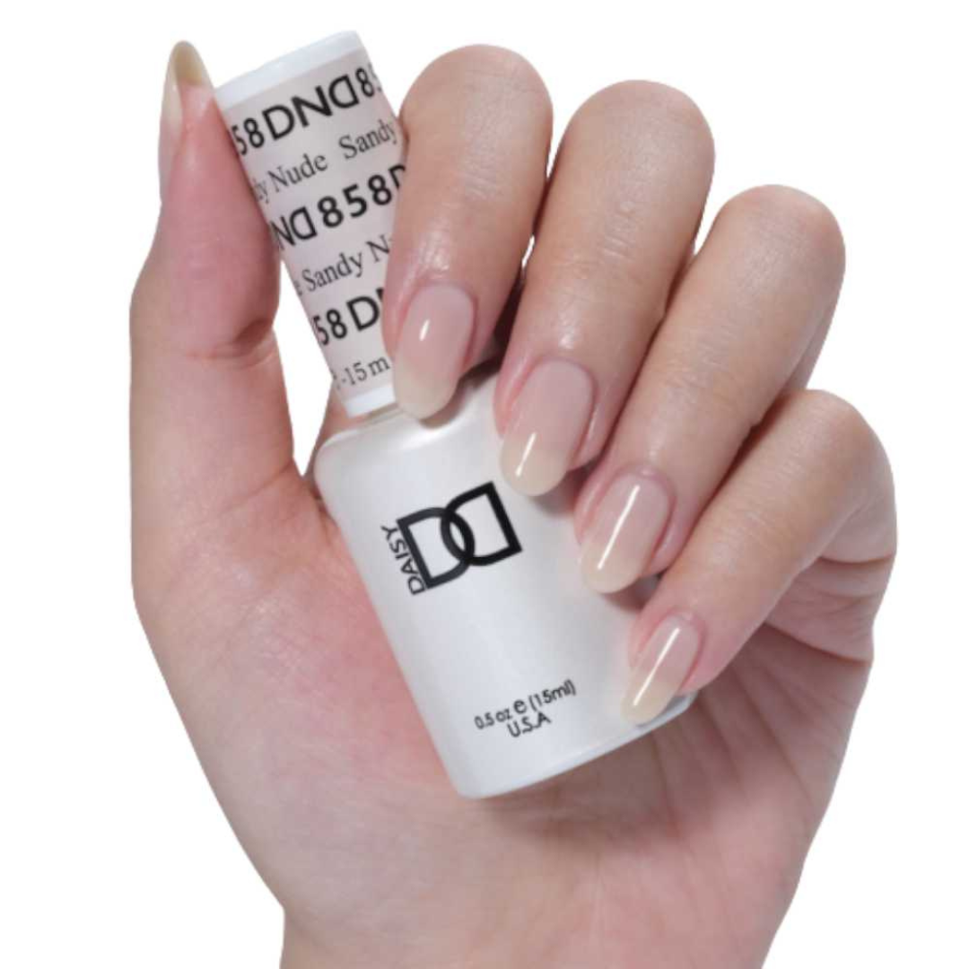 dnd sheer collection, sheer nail polish, gel polish, regular nail polish, dnd nail lacquer, 858 Sandy Nude, nail salon near toronto on