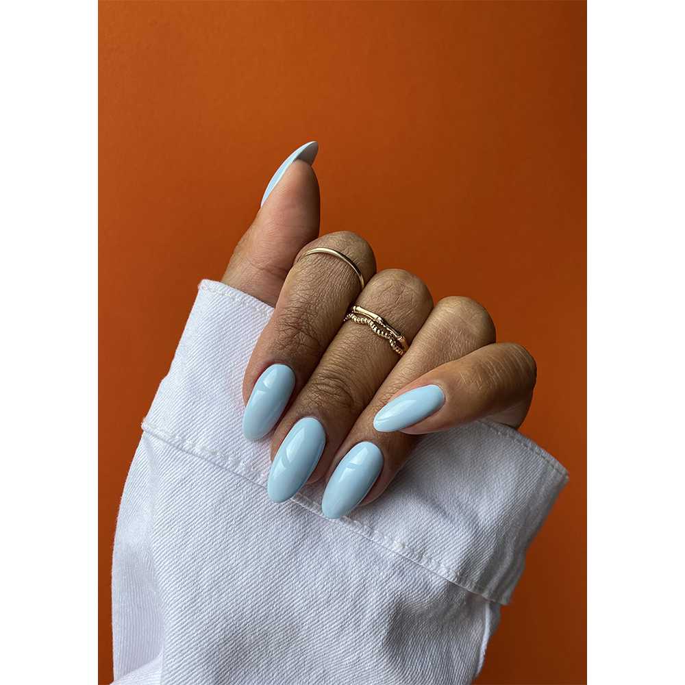 The Gel Bottle, Double Denim, Creamy Baby Blue Gel Nail Polish, baby blue nails, the gel bottle canada​, gel in the bottle​, the gel bottle inc​, vegan near me​, vegan​, nail salons near me, nails for you